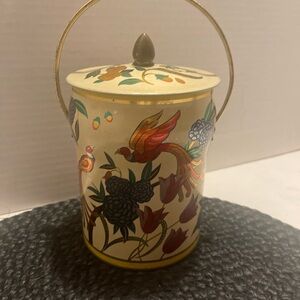 Vintage Floral Bird Tin Canister with Handle - Cream & Multicolor